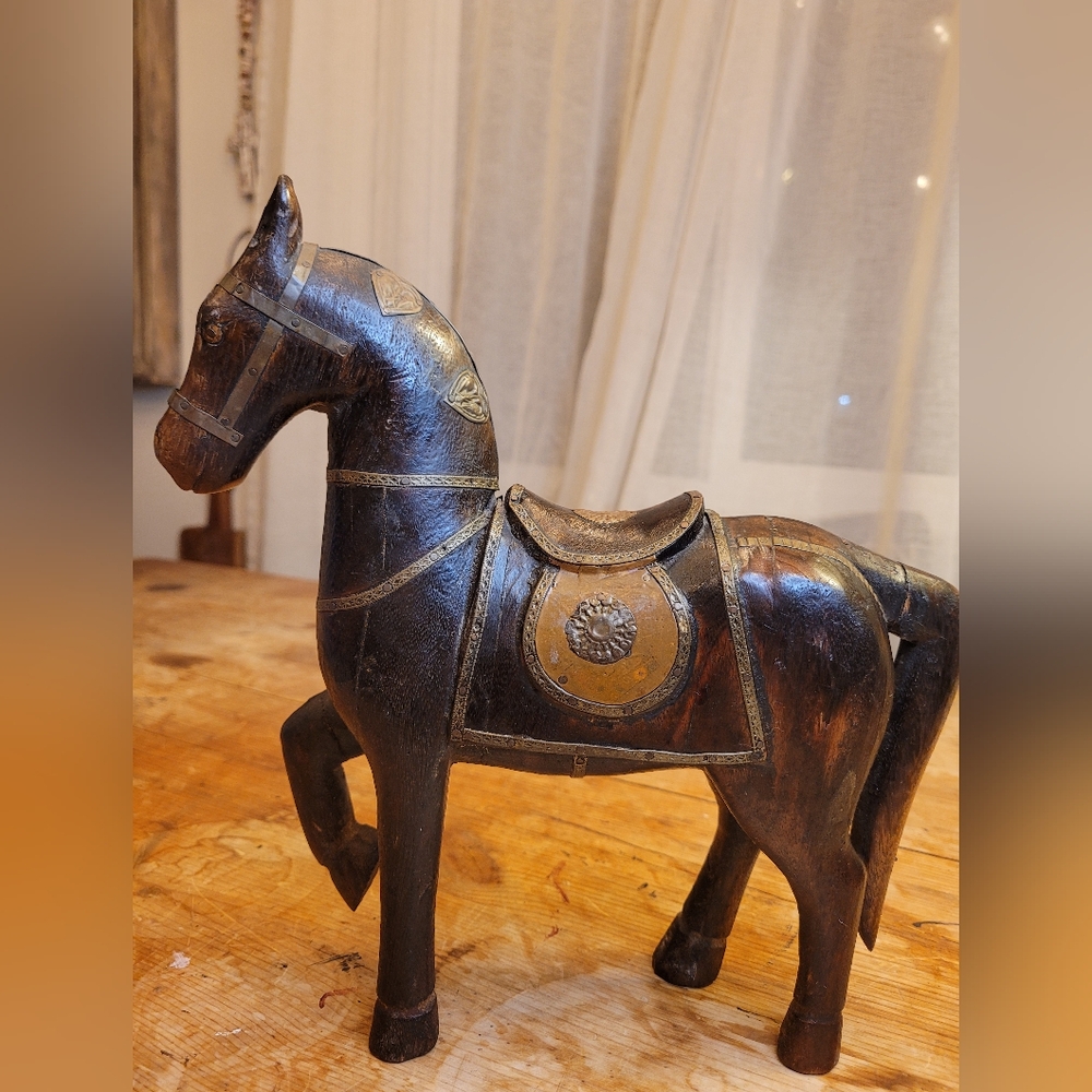 Vintage Asian Hand-Carved and Decorated Wooden Horse With Saddle